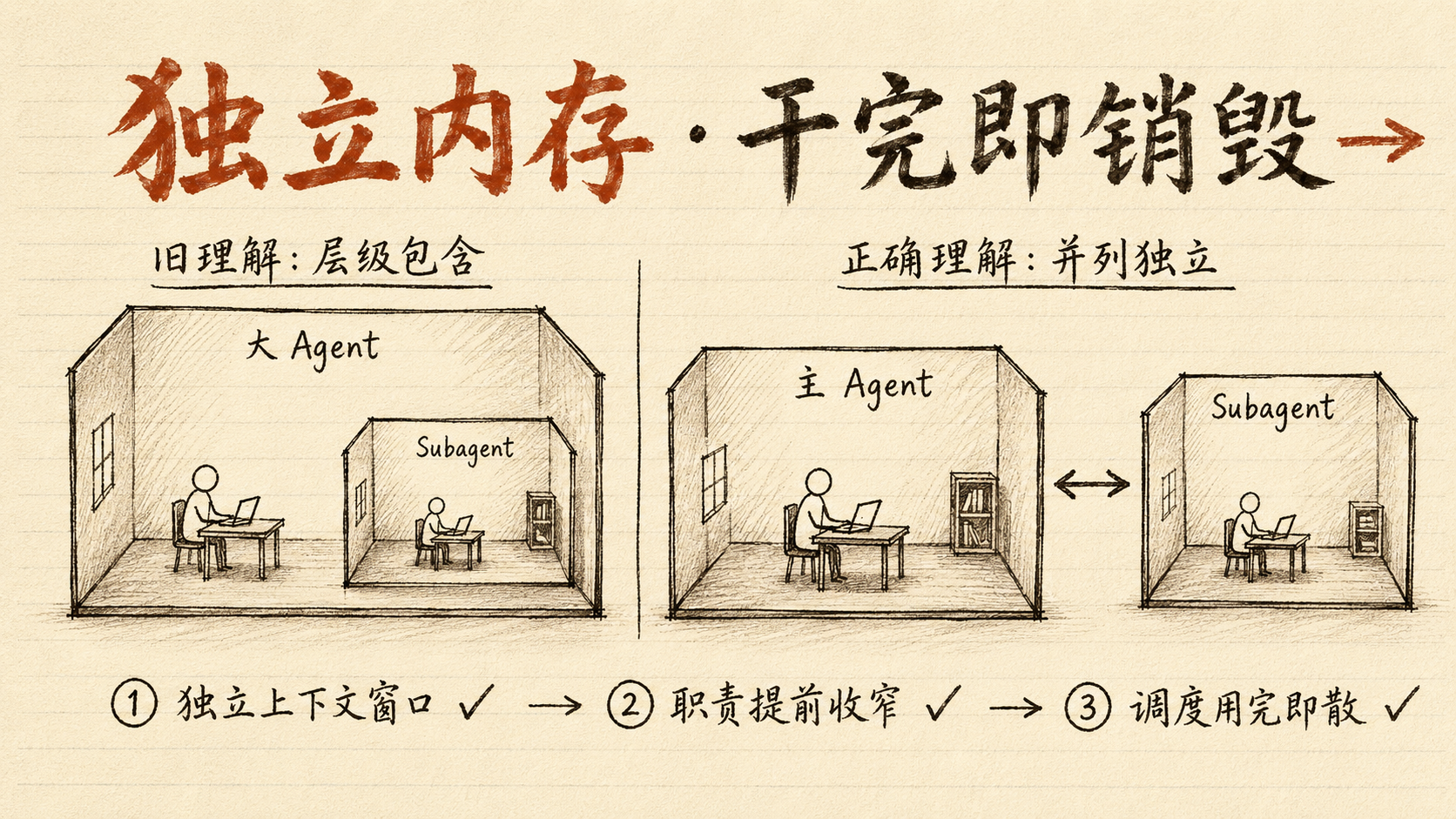旧理解是层级包含,正确理解是并列独立;三条真区别:独立上下文窗口、职责提前收窄、调度用完即散