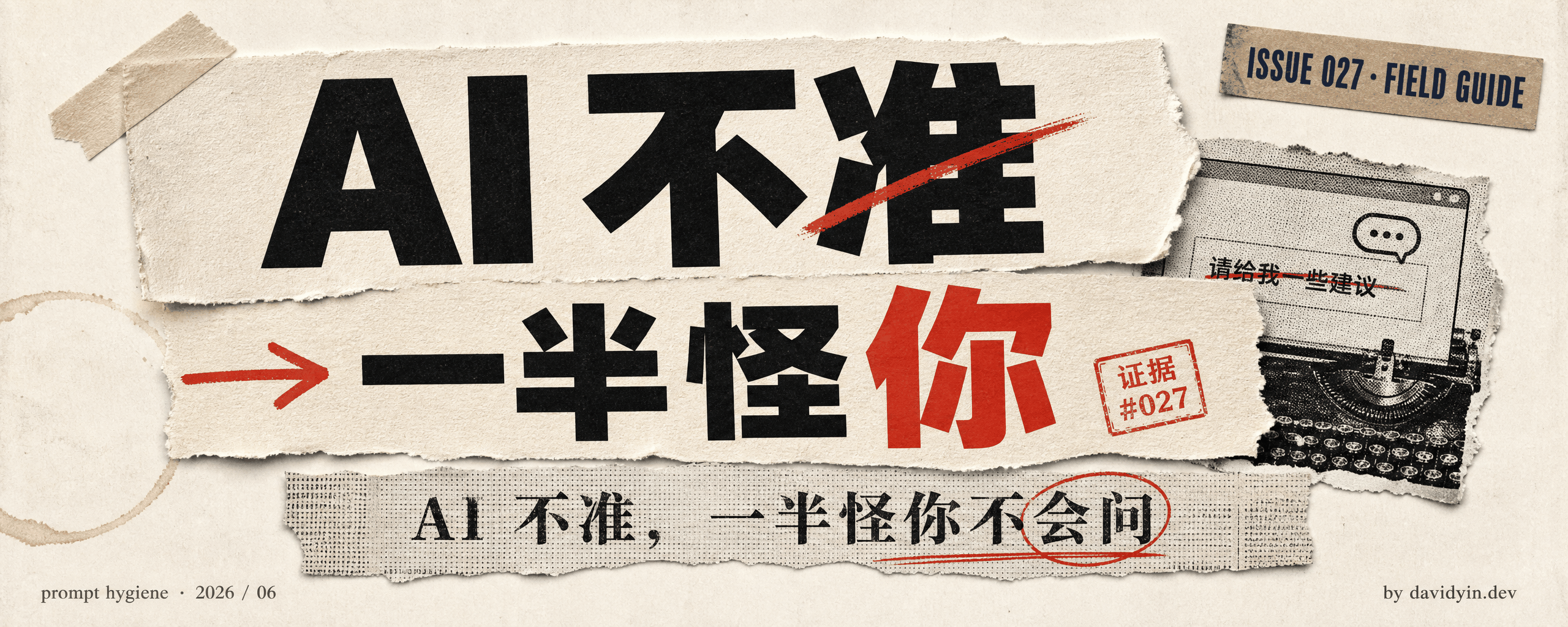 撕纸编辑拼贴封面：「AI 不准」一行被红斜杠划掉，「一半怪你」中「你」字大红，右上挂证据 #027 标签，背景是被划掉一行回复的复古打字机