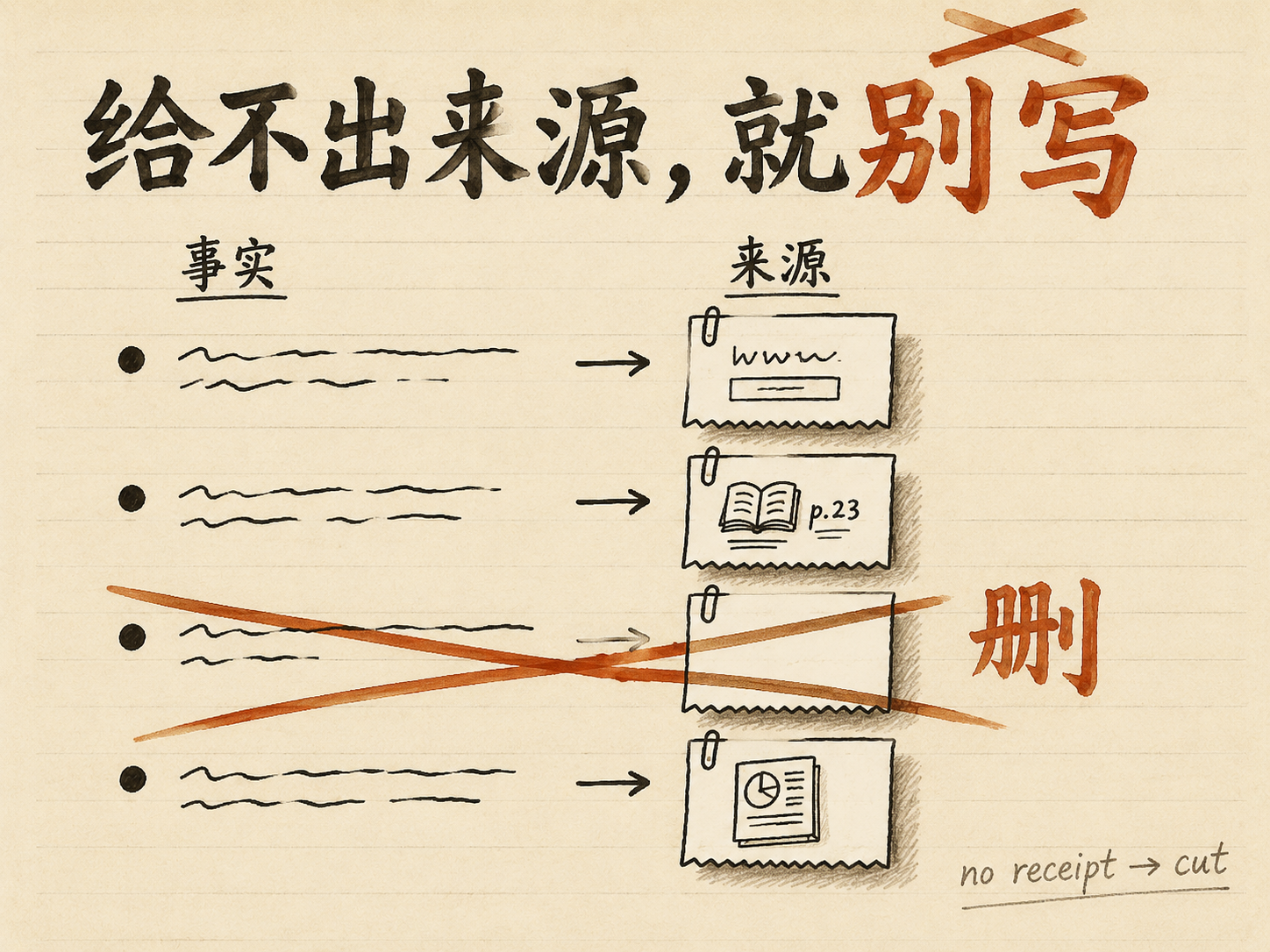 手绘事实清单：左列「事实」对应右列「来源」，每条事实配一张小票，第三行小票空白被红 ✕ 划掉，并在右边手写「删」字