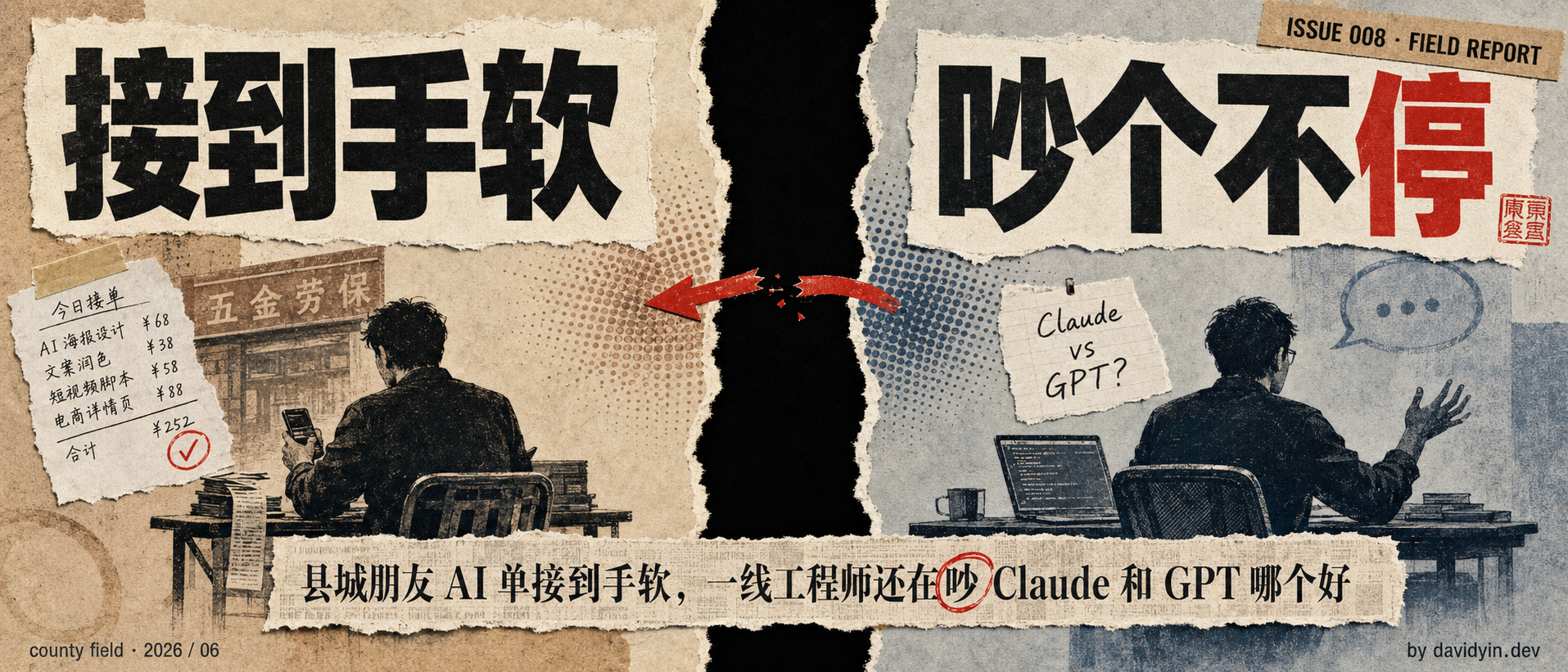 撕纸编辑拼贴封面：左侧暖调县城世界，上方巨字「接到手软」，下方是手写接单记录、五金劳保店招牌与埋头看手机的人；右侧冷调一线工程师世界，上方巨字「吵个不停」，下方是笔记本、手写「Claude vs GPT?」便签与正在比划争论的人；中间一条黑色裂缝把两边隔开，红色断箭停在裂缝两侧