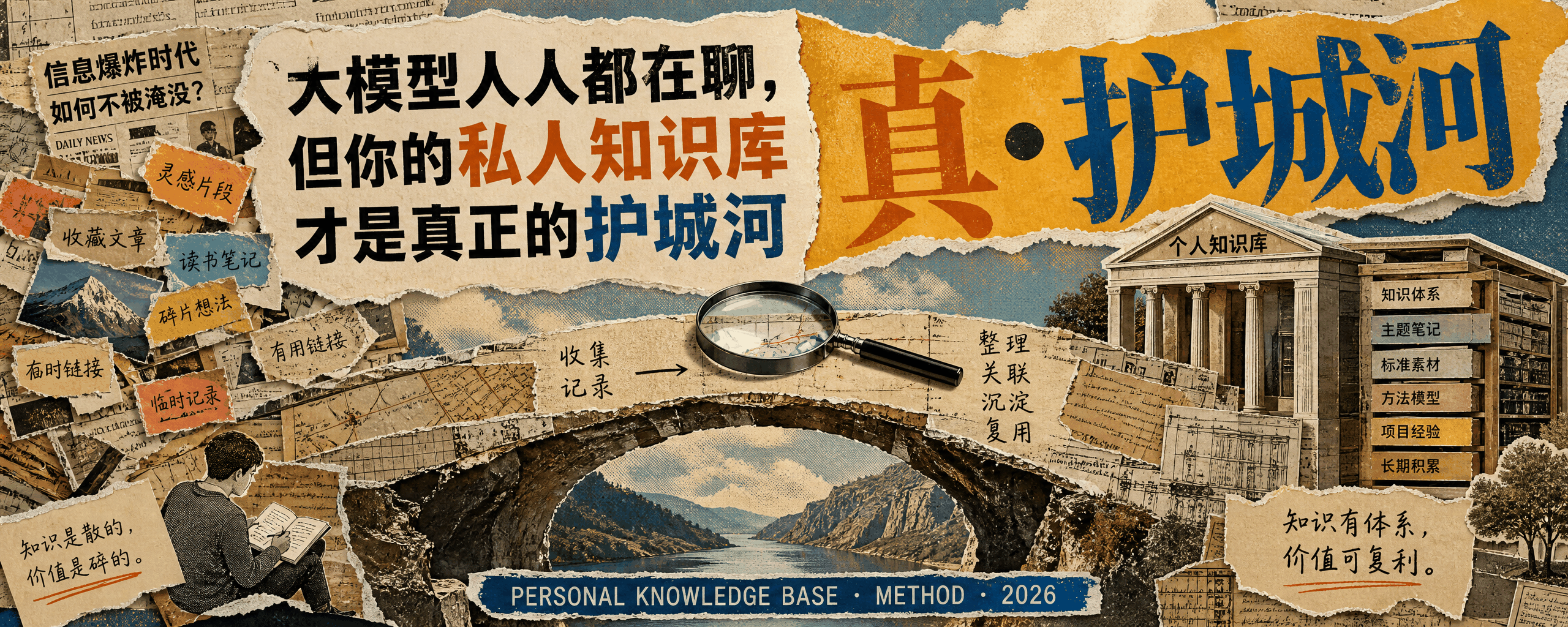 封面：真·护城河 — torn-paper-collage 拼贴海报，桥梁连接收藏碎片与知识结构