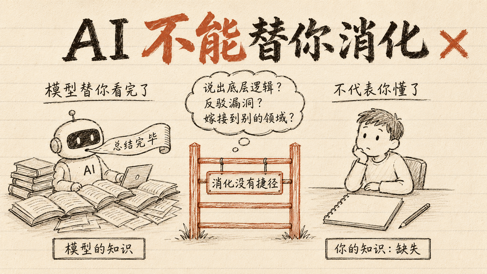 内文图：AI 不能替你消化 — craft-handmade 左右对比，AI 总结完毕 vs 人类还没真懂，中间隔着一道"消化没有捷径"的栅栏
