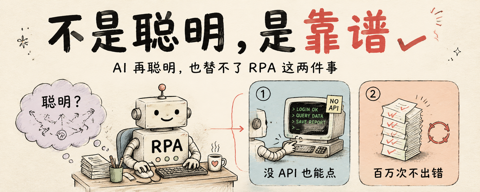 不是聪明，是靠谱——封面：AI 一千万条路，RPA 只走一条，次次走到
